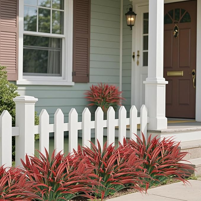 Ouddy Decor 20 Pcs Fake Outdoor Plants Artificial Grass Greenery Stems Faux Plastic Plants UV Resistant for Fall Indoor Outside Garden Hanging Planter Pathway Porch Patio Window Box Home Decor, Red