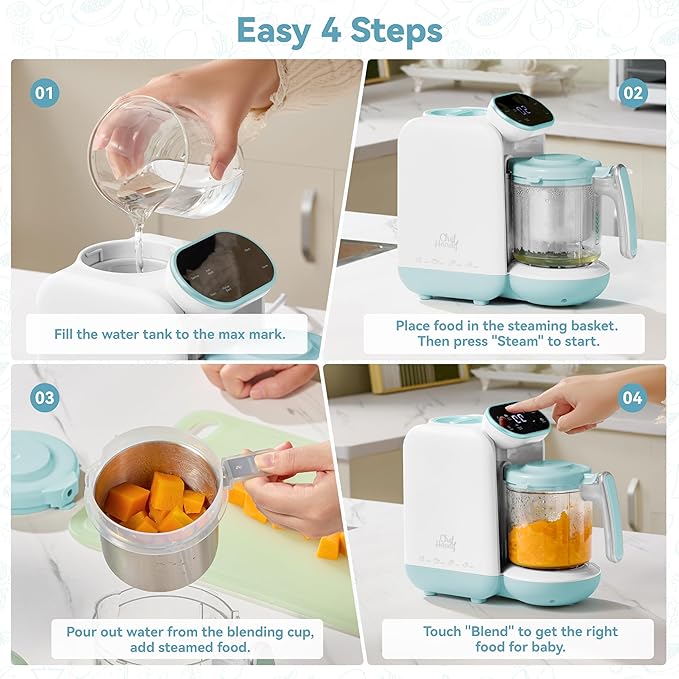 Chefhandy Baby Food Maker, Steamer & Blender, Puree Maker with Auto/Manual Blend, Steam Basket, Bottle Warmer & Sterili-zer, Compact Easy-to-Clean Baby Food Processor (White Blue)
