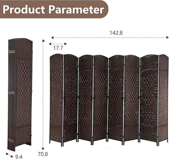 Room Divider 8 Panel Folding Privacy Divider 6 Ft Indoor Wall Divider Portable Partition Wood Screen, Brown