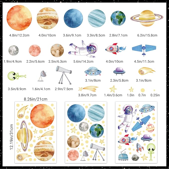 Watercolor Solar System Wall Decals, Glow in The Dark Stars, Kids Planets Sticker for Ceiling, Astronaut Wall Stickers for Bedroom（Blue）