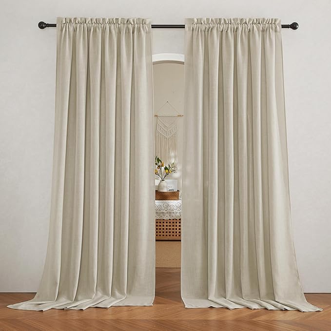 RYB HOME Beige Curtains Flax Linen Woven Semi Sheer Curtains, Half Privacy Protection Glare Contral Window Panels for Farmhouse Living Room Boys Girls Bedroom, W 70" x L 108 inch, 2 Pack