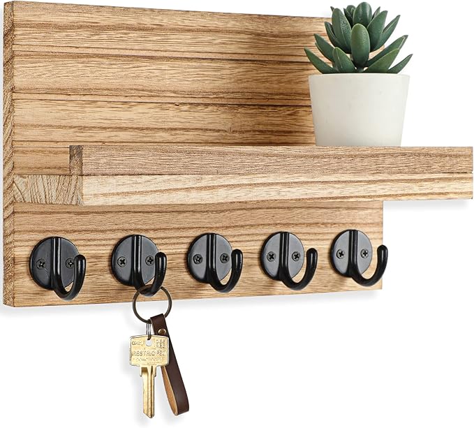 Key Holder for Wall, Decorative Key and Mail Holder with Shelf Has Large Key Hooks for Bags, Coats – Paulownia Wood Key Hanger with Mounting Hardware (9.8”W x 6.7”H x 4.2”D) (Burnt Wood)