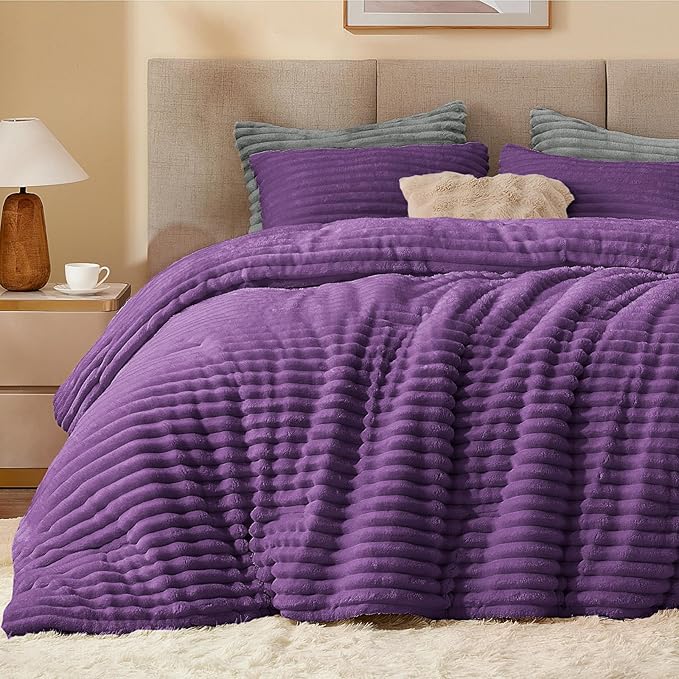 BEDELITE Fleece Queen Comforter Set -Super Soft & Warm Fluffy Purple Bedding, Luxury Fuzzy Heavy Bed Set for Winter with 2 Pillow Cases