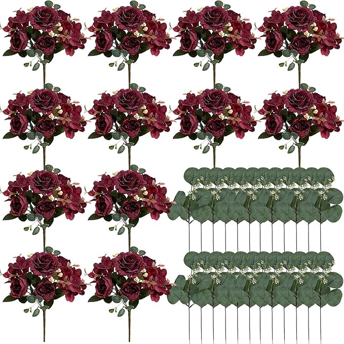 Peony Artificial Flowers, Faux Peonies Hydrangea Eucalyptus Bouquet 12 Packs Silk Vintage Realistic Peony Floral Arrangement for Vase Wedding Centerpiece Table Home Party Decor-Burgundy