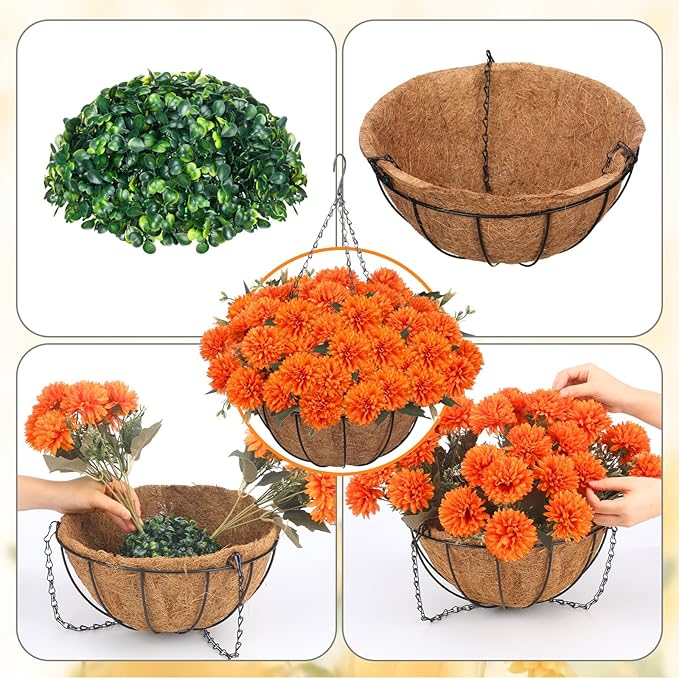 Fall Mums Artificial Flowers Hanging Basket for Outdoor Fall Porch Decor Fake Marigolds 6 Bundle Faux Silk Orange Flower Bouquet Chrysanthemum UV Resistant Realistic Plant for Autumn Table Home Decor