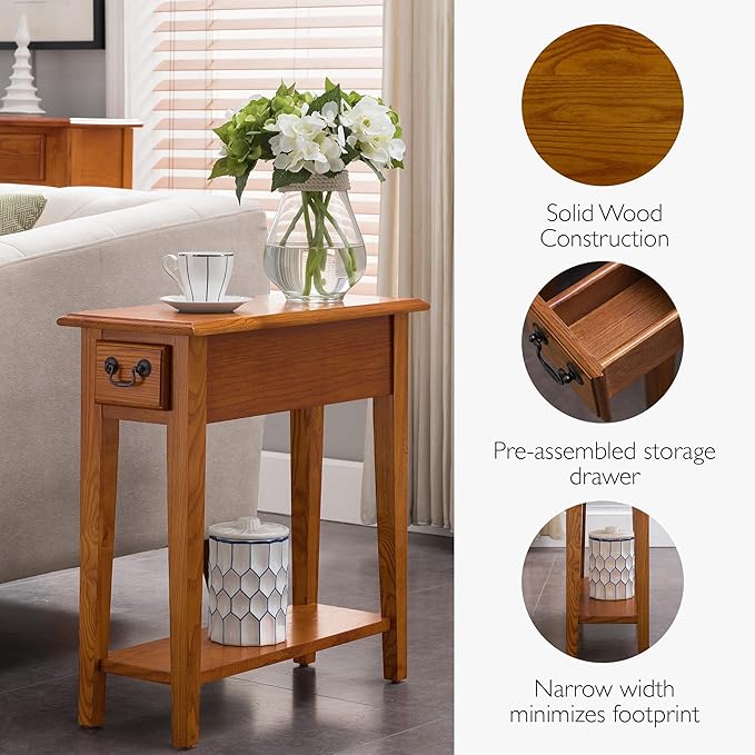 Leick Home Haven Ridge End Table, Solid Wood, 1 Storage Drawer, Bottom Display Shelf, Narrow, Easy-Assembly, Medium Oak, 24.0 in. L x 10.0 in. W x 24.0 in. H, 9017-MED