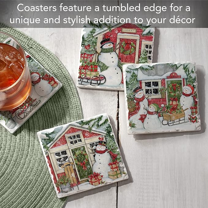 Thirstystone Snowman's Farmhouse 4 Pack Assorted Tumbled Tile Stone Coasters with Protective Cork Backing 4" Square Manufactured in The USA