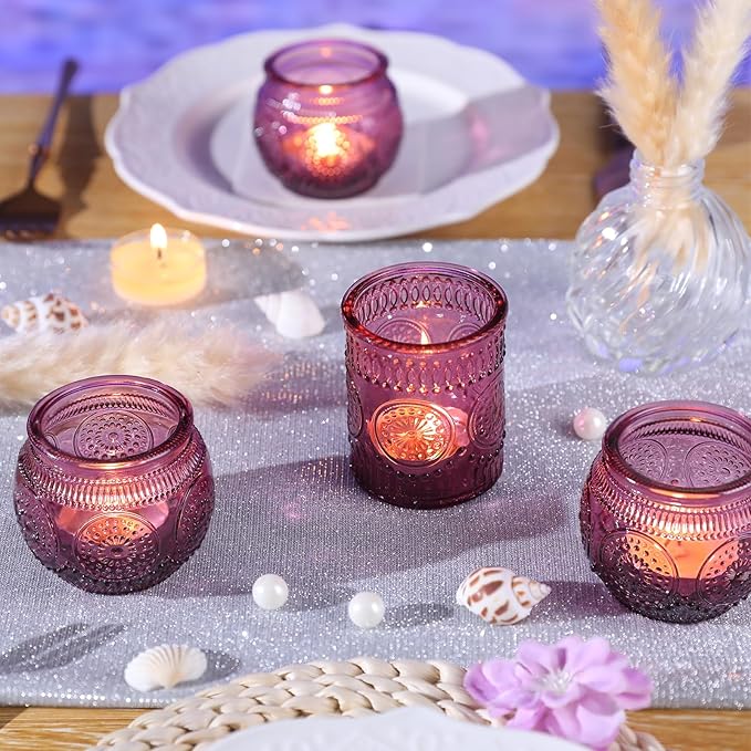 DARJEN 48Pcs Pueple Votive Candle Holders - Vintage Tea Lights Candle Holders, Glass Votives for Party, Wedding Table Centerpieces, Baby Shower Decor & Gift