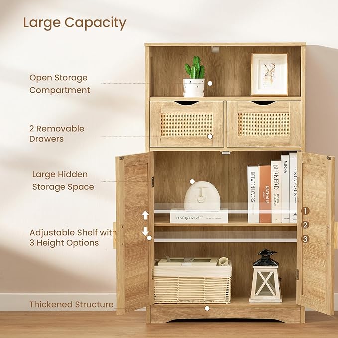 Iwell Storage Cabinet with 2 Drawers & Adjustable Shelves, Rattan Cabinet, Kitchen Pantry Cabinets, Cupboard for Living Room, Kitchen, Home Office, Natural