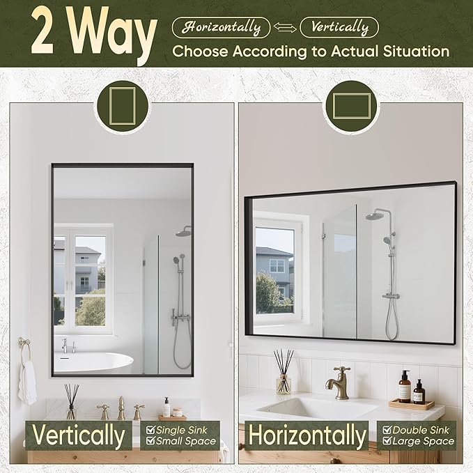 Suidia Bathroom Mirror, 60" x 40" Wall Mirror Metal Framed, Bathroom Vanity Mirror for Living Room Bedroom Bathroom Entryway, Black, Rect Corner Style