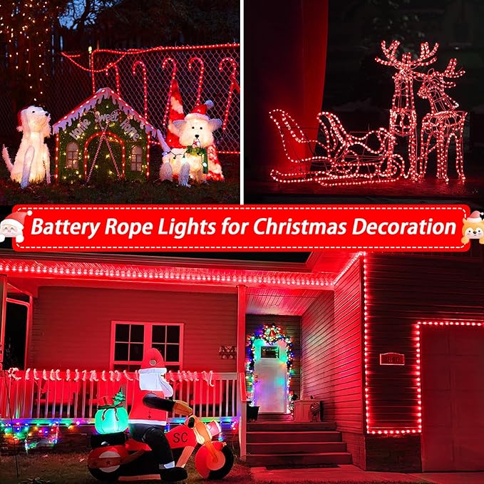 JMEXSUSS 2 Pack Red Christmas Lights Battery Operated Rope Lights Outdoor Waterproof Total 200LED 8 Modes Battery Powered String Lights with Remote for Patio Tree Garden Christmas Decor