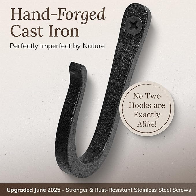 Railroad Spike Cast Iron Hooks (10 Pack) Handmade Blacksmith, Wall Mounted Farmhouse Decorative Hooks, PowderCoated for Interior or Exterior Use, Rust Proof for Hanging Coats, Bags or Pots (Black)