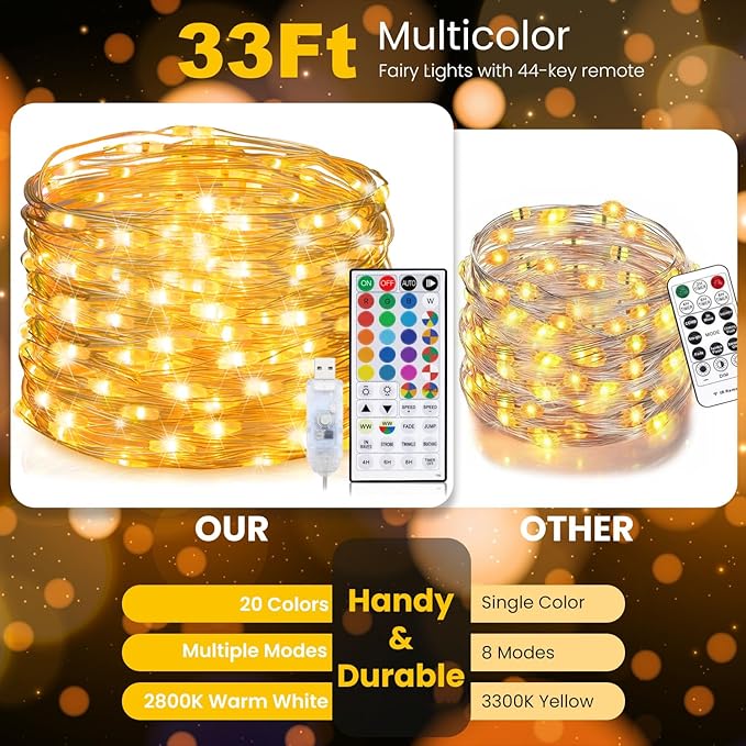 Fairy Lights USB Plug in 33ft 100LEDs with Remote, Warm White 20 Color Changing Light Twinkle Firefly String Lights for Bedroom Party Wedding Christmas Tapestry, Multicolor Colors