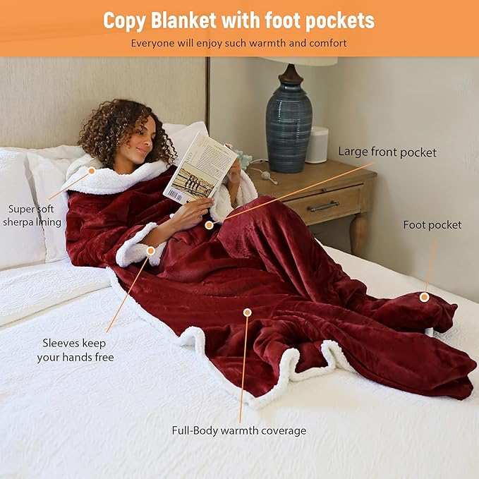 Catalonia Sherpa Wearable Blanket with Sleeves & Foot Pockets for Adult Women Men, Comfy Snuggly Wrap Sleeved Throw Blanket Robe, Gift Idea, Wine
