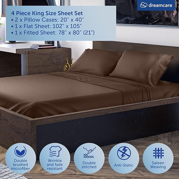 DREAMCARE Queen Sheet Set – 4 pcs Cooling Sheets – up to 21” Extra Deep Pocket Queen Sheets – Hotel Luxury – Superior Softness 100% Microfiber with Side Pocket - Mocha Brown