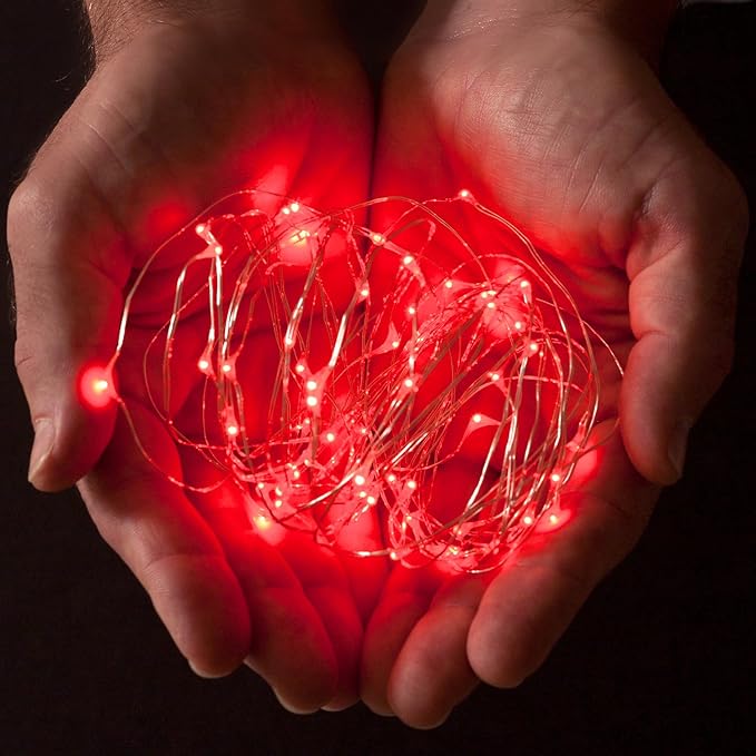 2 Sets 20 LEDs Red Color String Lights Silver Wire Indoor and Outdoor 6.5 Feet Firefly Starry Fairy Lights Battery Powered for DIY, Christmas, Holidays, Party, Bedroom and Centerpieces