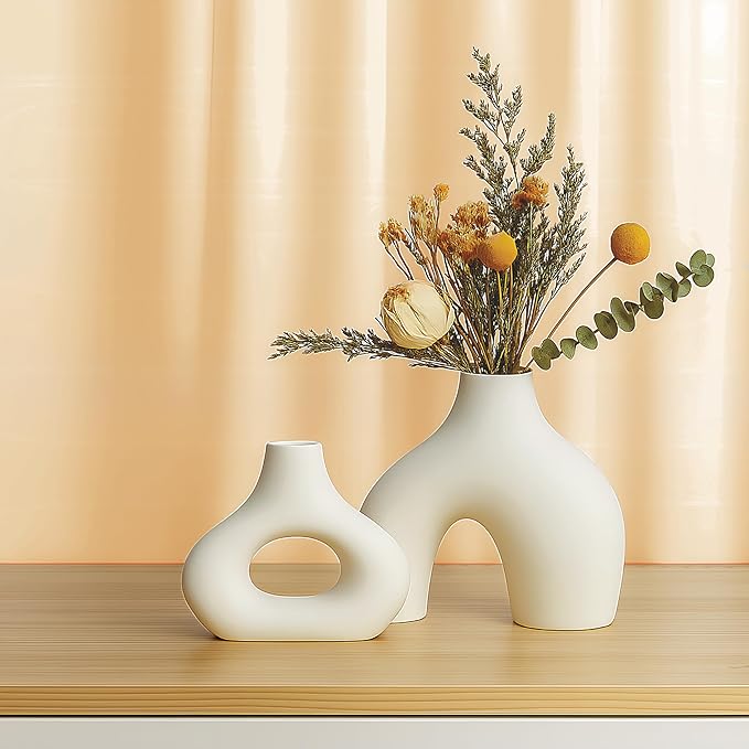 Nordic Ceramic Vase Set – 2 White Sculptural Vases for Fresh Flowers or Dried Stems – Minimalist Home Décor for Shelf, Table, Wedding or Gift – Holds Water