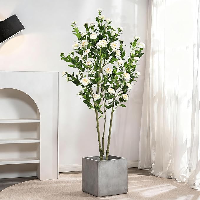 Faux Camellia Flower Tree 7ft(82in) Artificial Floor Plant for Indoor Decor Realistic Greenery Potted Tree with White Blooming Flowers and Natural Wood Trunk for Home Living Room,Office,Porch Decor