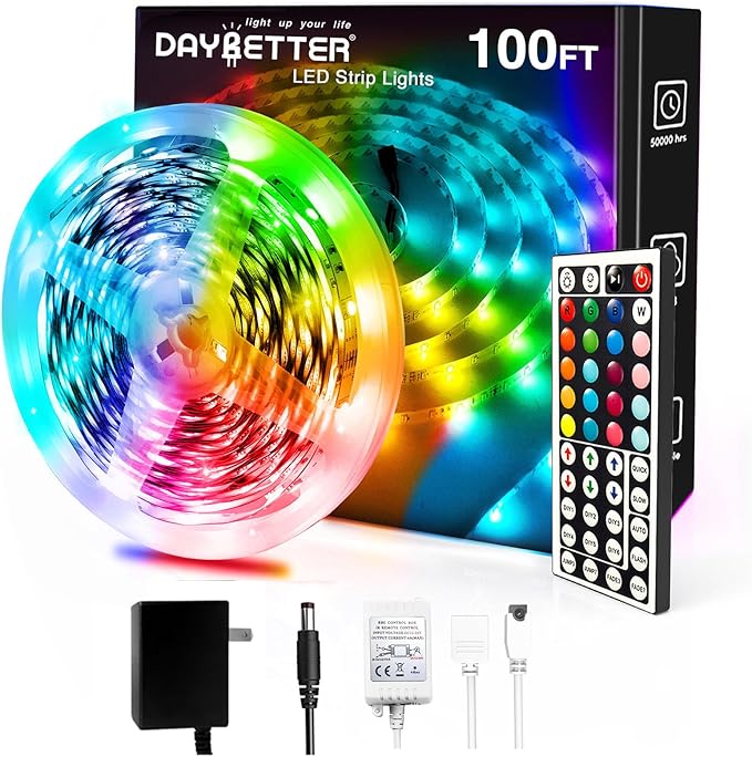 DAYBETTER Led Strip Lights 100ft, RGB Color Changing Led Strips with 44 Keys Remote Control for Room, Bedroom, Suitable for Home Decor, Living Room, Kitchen, Home Party Decoration, 24V
