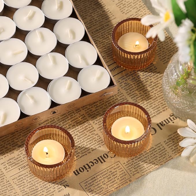 12Pcs Gold Candle Holders for Table Centerpiece, Ribbed Gold Tea Light Candle Holders with 20pcs Tea Light Candles for Wedding Decor, Home Decor and Party Decor