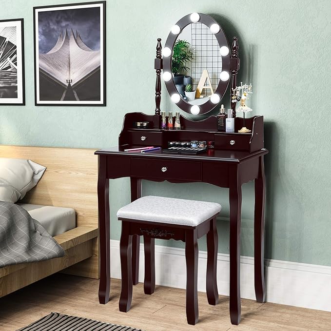 CHARMAID Girls Makeup Vanity Desk with Lights, Vanity Table with Lighted Mirror, 3 Lighting Modes, Adjustable Brightness, Modern Makeup Table with 3 Drawers and Stool for Small Space (Espresso)