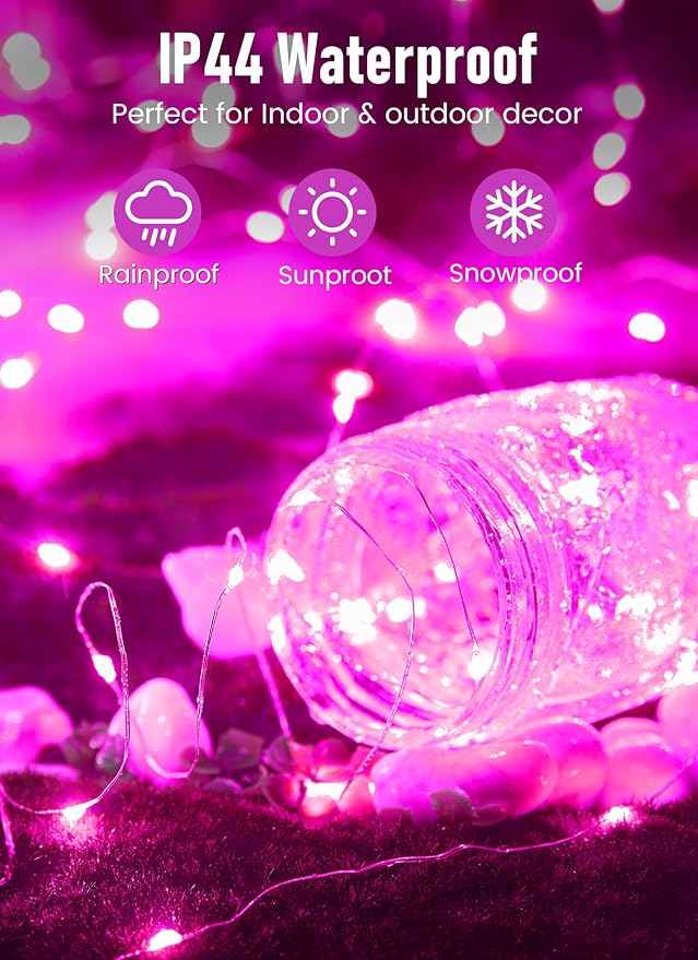 Minetom Fairy Lights Battery Operated, 2Pack 33Feet 100 LEDs Mini Battery Powered String Lights, Waterproof Twinkle Lights Mason Jar Lights for Indoor Home Wedding Christmas Decoration, Pink