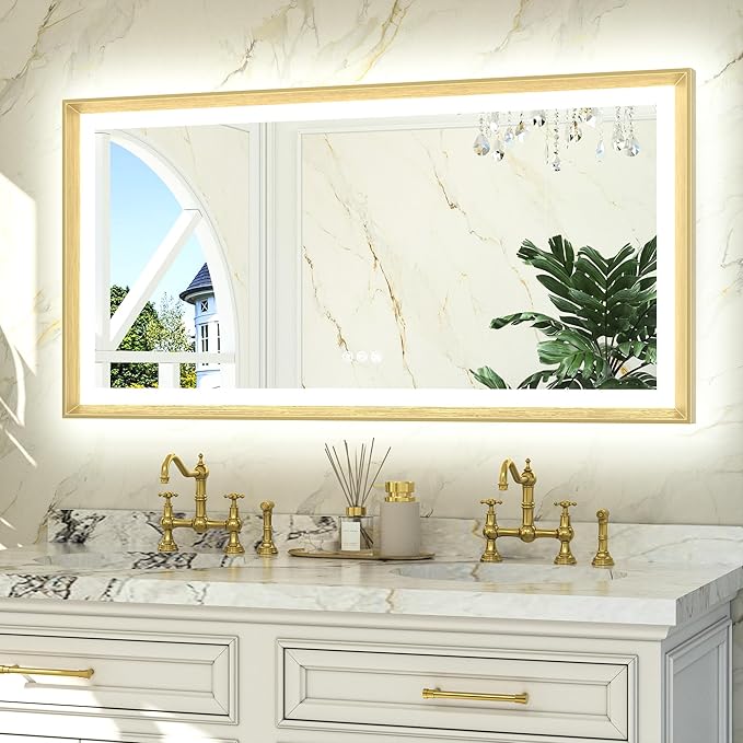 TETOTE 48x24 LED Bathroom Mirror with Lights Gold Frame Frontlit & Backlit Lighted Vanity Mirror Baroque Anti Fog Dimmable White/Warm/Natural,CRI90+,Waterproof,Wall Mounted(Horizontal/Vertical)
