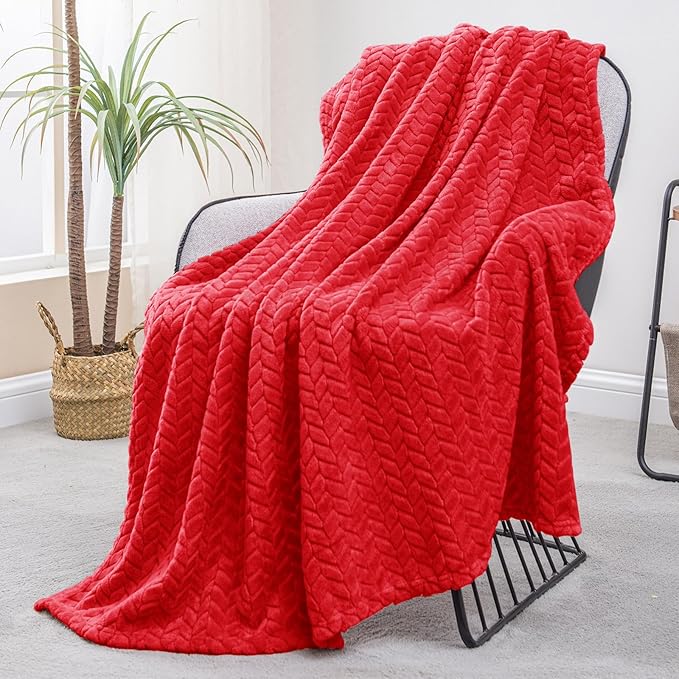 Exclusivo Mezcla Fleece Throw Blanket for Couch, 50x70 Inches Soft Cozy Jacquard Flannel Blankets, Lightweight Fuzzy Plush Warm Throws for Winter, Red