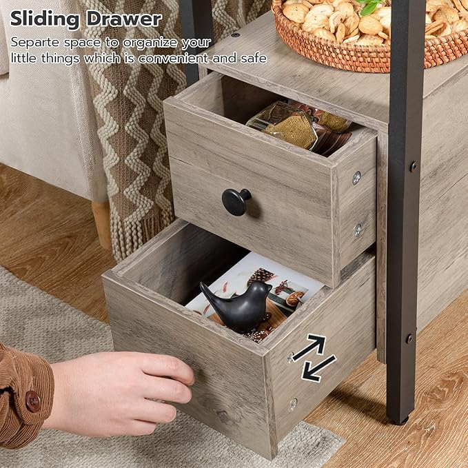 HOOBRO Set of 2 End Tables with Charging Station, Narrow Side Table with Drawers & USB Port & Power Outlets, Nightstand for Small Spaces, Living Room, Stable, Greige and Black BG541BZP201