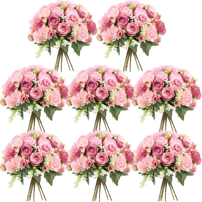 Geosar 8 Bundles Artificial Peonies Flowers Fake Silk Peony Bouquet Faux Peonies Flowers Bulk for Decoration Vase Floral Arrangements Wedding Party Table (Russet Red,Light Pink)