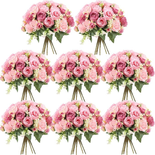 Geosar 8 Bundles Artificial Peonies Flowers Fake Silk Peony Bouquet Faux Peonies Flowers Bulk for Decoration Vase Floral Arrangements Wedding Party Table (Russet Red,Light Pink)