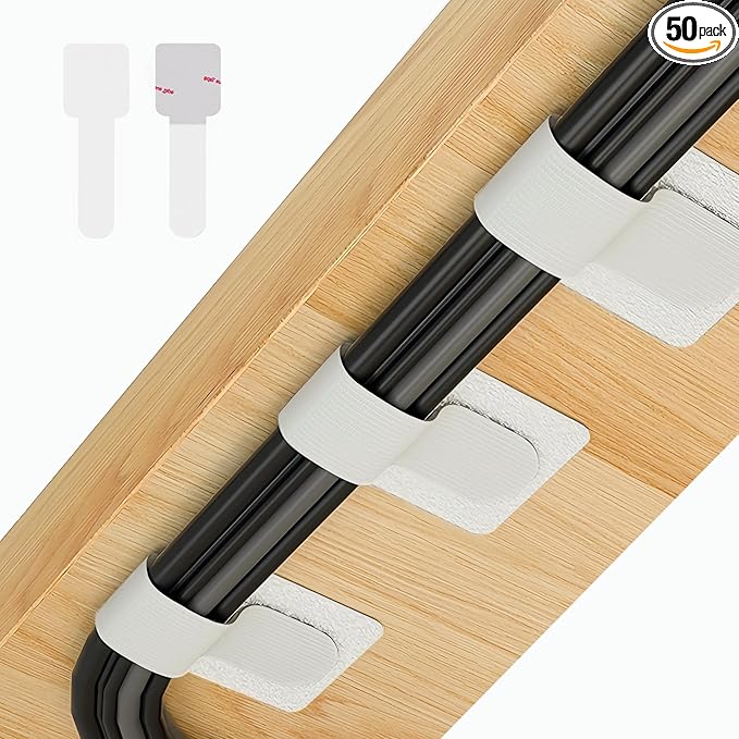 50 PCS Hook and Loop Cable Ties, Under Desk Cable Management, Self Adhesive Cable Clips Straps, Sticky-Back Cord Organizer, Wire Organizer for TV PC Laptop Ethernet Desktop, White