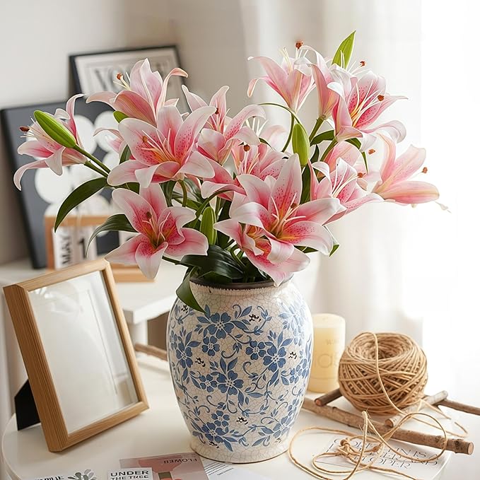 ASTRYAS 18 Heads Artifical Lily Flowers, Pink Artificial Stargazer Lilies with 18 Heads Full Bloom Lily & 6 Buds-Faux Lilies Flowers for Home Hotel Flower Arrangement Party Decor Cemetery（2PCS, Pink