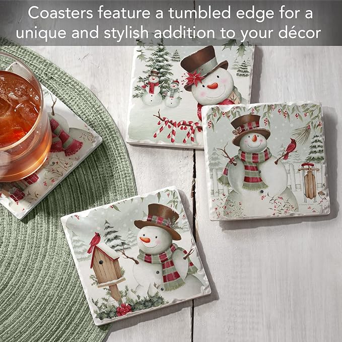 Thirstystone Brown Hat Snowman 4 Pack Assorted Tumbled Tile Stone Coasters with Protective Cork Backing 4" Square Manufactured in The USA