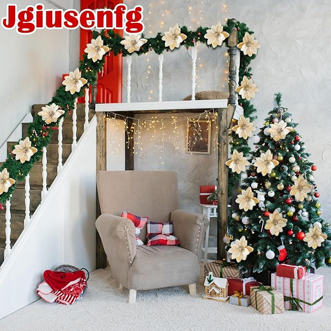 8 Pcs Large Christmas Flower Magnolia Flowers Christmas Tree Decoration Artificial Poinsettia Stems Velvet Xmas Ornaments for Xmas Tree Table Decor(Champagne,12 Inch)