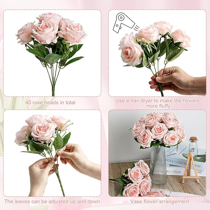 Artificial Roses Bouquets - 8 Bundles Fake Silk Flowers Realistic Faux Florals Bulk for Wedding Bridal Party Baby Shower Event Home Arrangements Centerpieces Decorations (Pink)