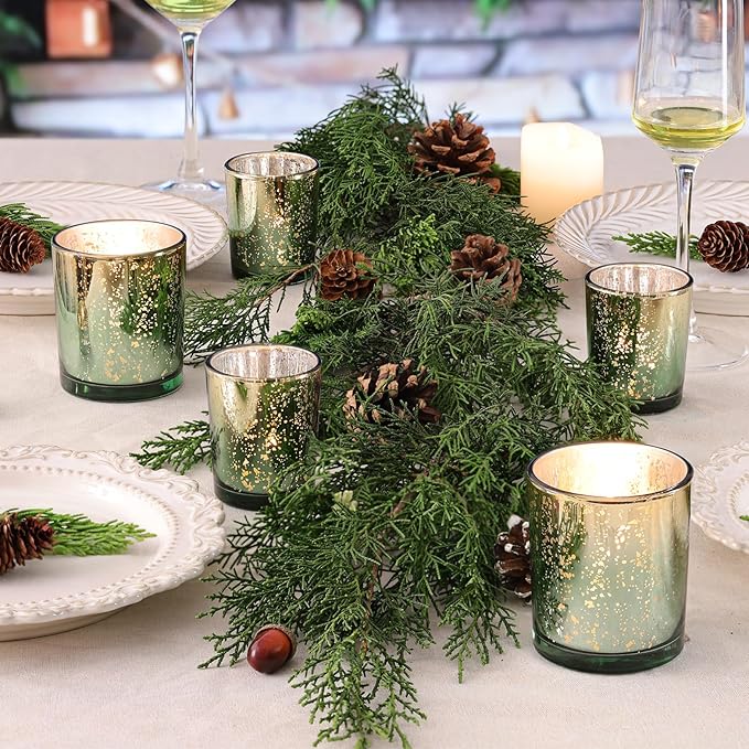 Volens 12pcs Assorted Green Votive Candle Holders, Large Speckles Mercury Glass Votive & Tealight Candle Holder Bulk for Wedding Table Centerpiece, Green and Gold Themed Party Decorations