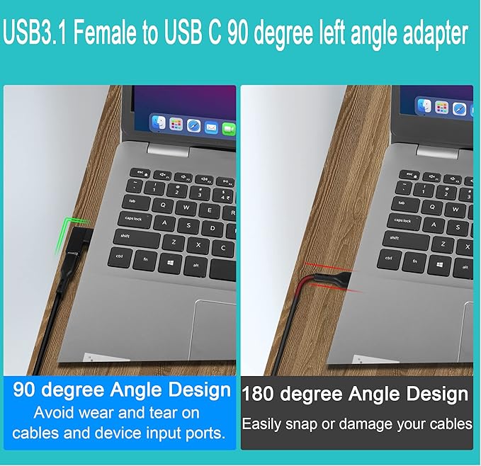 QIANRENON USB 3.1 to USB C 90 Angle Adapter 10Gbps USB A Male to Type C Female Left Angle Coupler Data Transfer L-Shaped Connector for PC Laptop Tablet, 2Pcs (Left Lateral Bend)