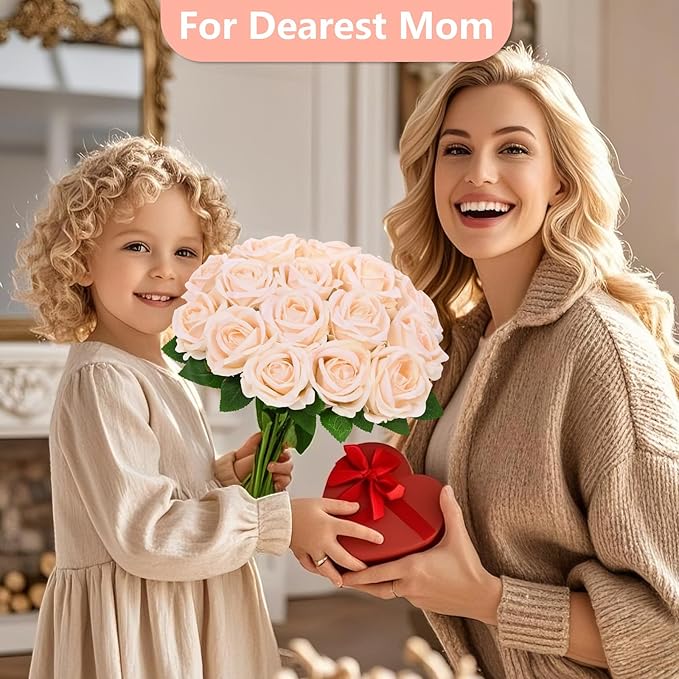 BLEUM CADE 50 Pcs Champagne Roses Artificial Flowers, Real Touch Velvet Roses Fake Flowers Bulk, Artificial Roses Bouquet with Long Stems Bridal DIY Wedding Party Centerpiece Decorations