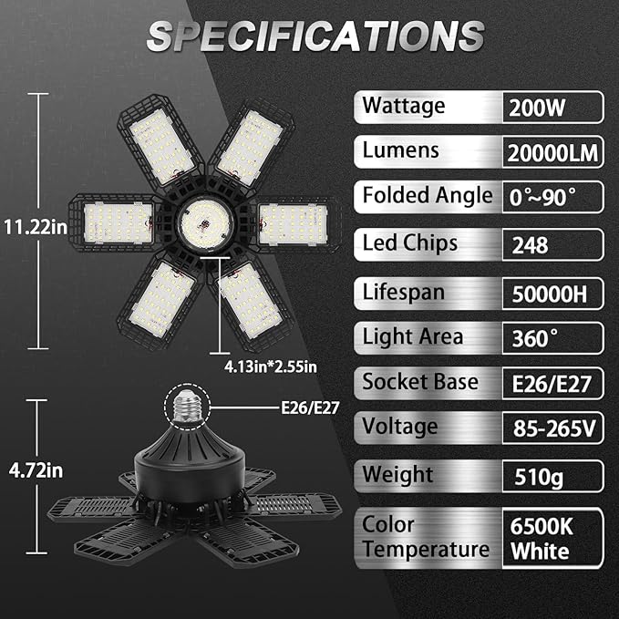 2 Pack Garage Light, 200W 20000LM 6500K LED Shop Lights, Garage Lights Ceiling Led with 6+1 Deformable Panels, Screw in E26/E27 Socket Bulb for Warehouse, Workshop, Basement, Barn Lighting