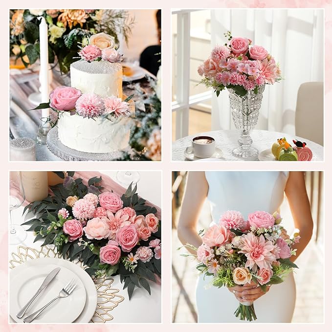 Zeyune 12 Bundles Artificial Peonies Flowers Artificial Silk Rose Faux Dahlia Fake Chamomile Hydrangea Bouquet Bulk for Vase Home Wedding Centerpiece Party Decoration(Blush Pink,Sweet)
