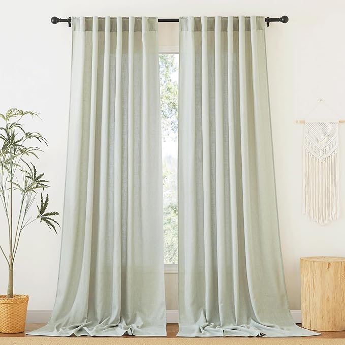 RYB HOME Semi Sheer Linen Curtains Extra Wide Curtains 108" Length, Linen Blend Elegant Light Filtering Privacy Protected Panels for Farmhouse/Living Room, Sage Green, 52" W x 108" L, 2 Panels