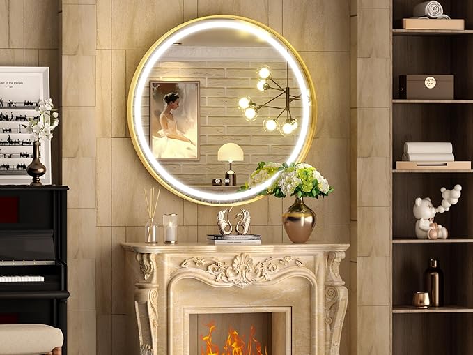 Hasipu 32 Inch Round LED Lighted Mirror for Bathroom with Lights, Gold Circle Vanity Mirror for Wall, Metal Framed Frontlit Bathroom Mirrors Anti-Fog, Dimmable, 3 Colors Makeup Mirror Wall Mounted