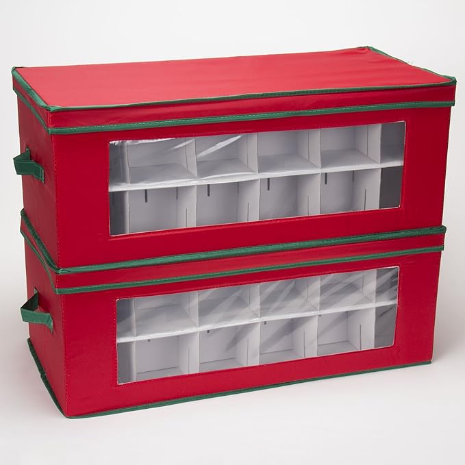 Household Essentials Ornament Storage Box, 36 Piece with Dividers, Sturdy and Stackable with Handles and Clear Plastic Window, Red Polyester Linen with Green Trim