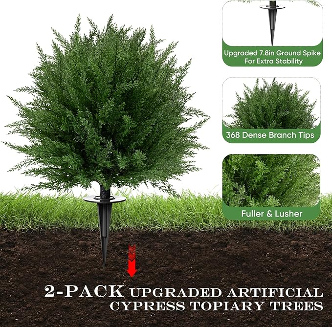 24'' Upgraded Artificial Cedar Topiary Ball Trees with Ground Spike, UV Resistant Fake Bushes, Set of 2 Faux Cypress Fake Plants Faux Shrubs for Outdoor Indoor Front Porch Garden Decor
