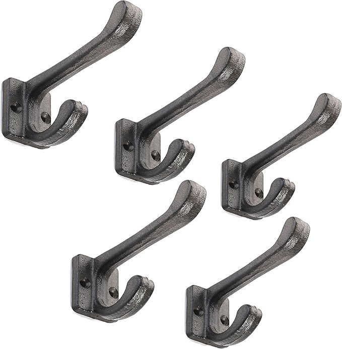5 Pack Decorative Cast Iron Heavy Duty Double Hooks, Wall Mounted Coat Hooks, Vintage Inspired (Antique Black) (Modern Type)