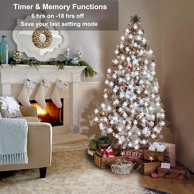 BrizLabs White Snowflake Christmas String Lights, 16.08ft 40 LED Christmas Lights with Remote, Snowflake String Light Battery Operated, 8 Modes Xmas Tree Light Waterproof for Outdoor Indoor Decoration