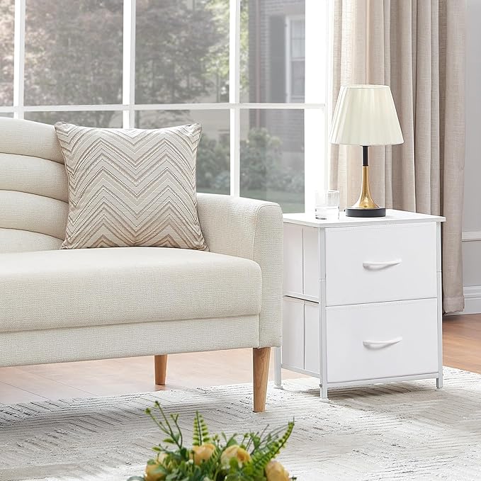 Somdot Nightstand Set of 2, Small Dresser for Bedroom with 2 Drawers, Bedside Table Night Stand End Table with Fabric Bins for Bedroom Kids Closet Dorm Guest Room, White Leather