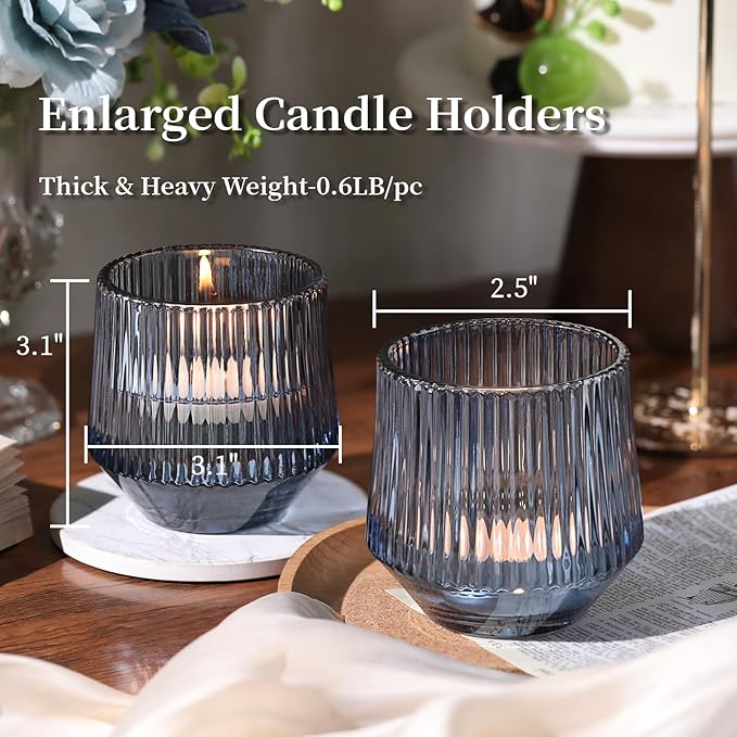 12 Pcs Large Blue Votive Candle Holders- 3.15"×3.15" Ribbed Blue Candle Holders, Blue Tea Lights Candle Holders for Dusty Blue Wedding Decor, Bridal Shower Decorations, Blue Centerpieces for Tables