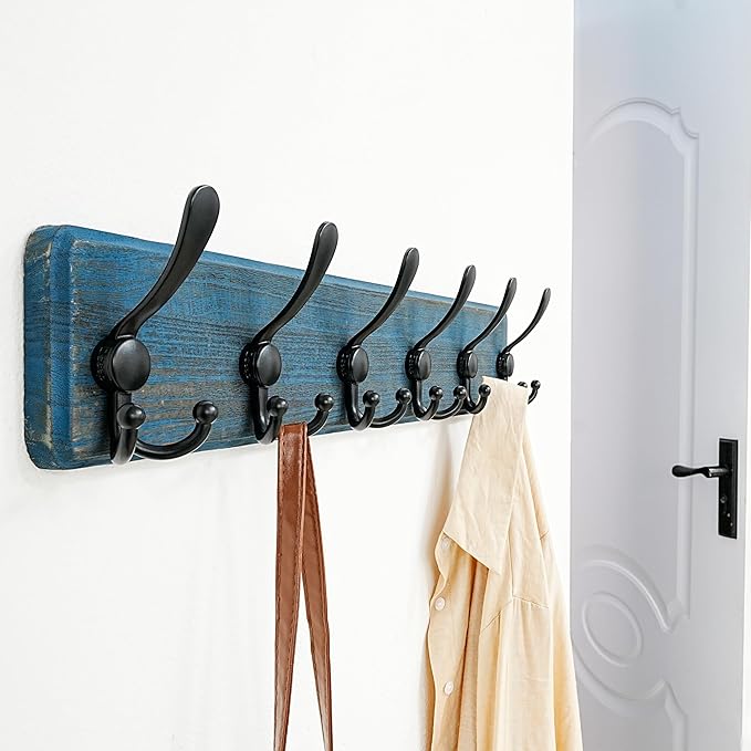 Dseap Coat Rack Wall Mounted - 24" Long 6 Tri Hooks, Heavy Duty Wooden Wall Coat Hanger Coat Hook for Clothes Hat Jacket Clothing, Weathered Blue and Black